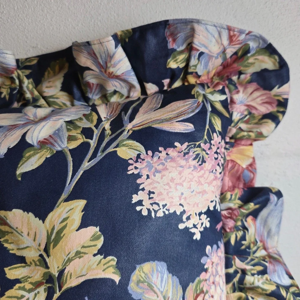 Vintage Floral Ruffled Throw Pillow Navy Blue Pink Botanical Cottagecore